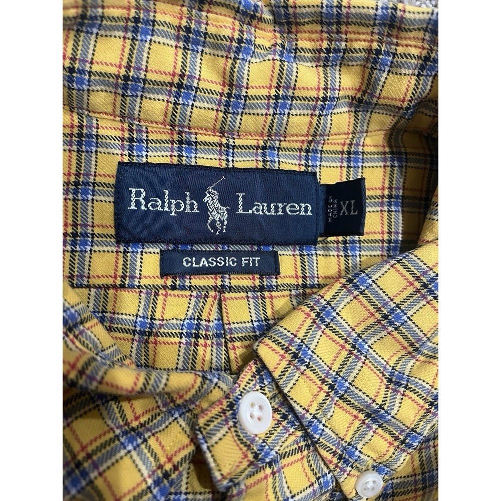 Ralph Lauren Mens XL Classic Fit Plaid Button Down Shirt Yellow Blue Pony Logo - Picture 5 of 8